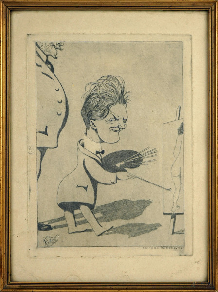 Caricatura di pittore, incisione, cm 30x22, incisore Dario Wolf (1901-1971), entro cornice.