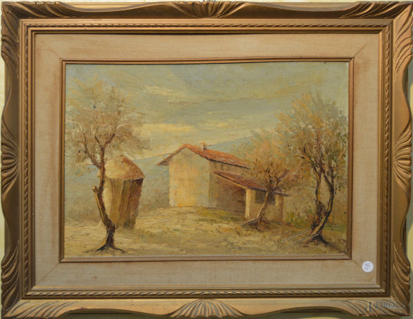 Scorcio di casolare con fieno, olio su tela 35x50 cm, firmato