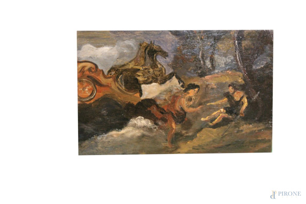 Scena mitologica, olio su tavola, 21x32 cm, firmato.