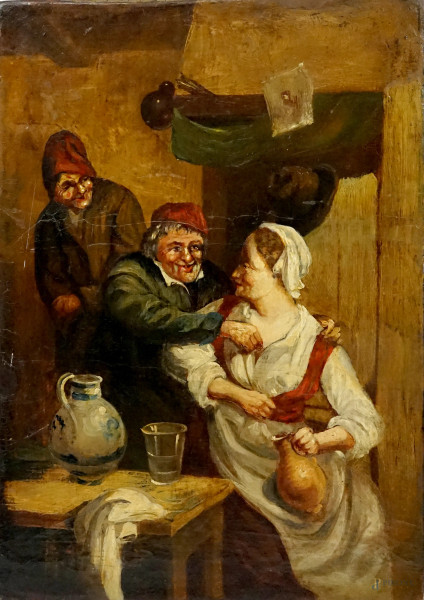 Scuola fiamminga del XIX secolo, Interno di osteria con figure, olio su tavola, cm 38x26,5, (difetti).