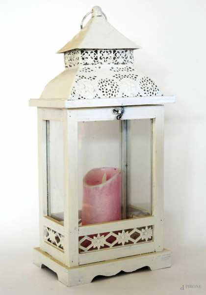 Lanterna candela (a batteria) in metallo legno e vetro da tavolo o da appendere, cm 50x 22x16