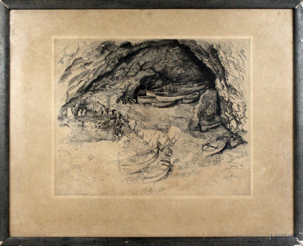 Scorcio di paesaggio amalfitano, acquaforte, cm 57,5x71, iscrizione in basso a sinistra "verening bevordering von bildenden kunsten 1937", entro cornice.