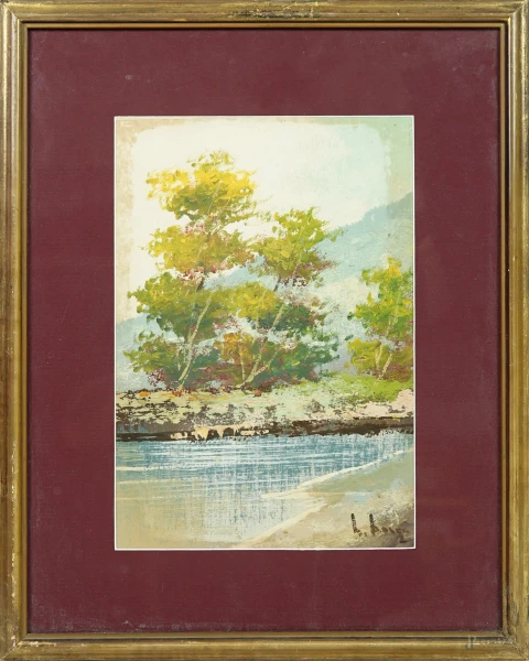 Paesaggio lacustre con alberi, olio su tavoletta, firmato in basso a destra, cm 44,5x34,5, entro cornice