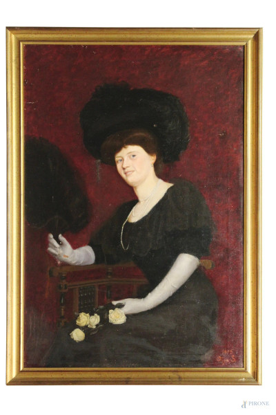 Ritratto di Nobil Donna, dipinto ad olio su tela, firmato Olga S. e datato 1908, cm 128 x 88.