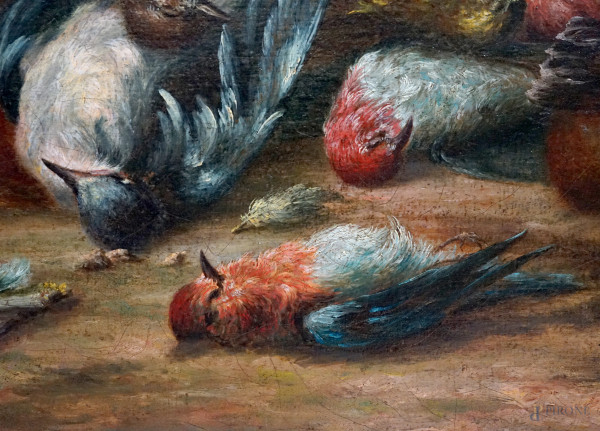 Scuola nord-europea del XVIII secolo, Natura morta con cacciagione entro un paesaggio, olio su te...