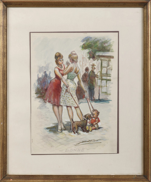 Attalo (1894-1986), Donne, disegno a tecnica mista su carta applicata su cartoncino, cm 38,5x28, firmato e titolato in basso, entro cornice, (lievi segni di usura e tracce di piegatura)