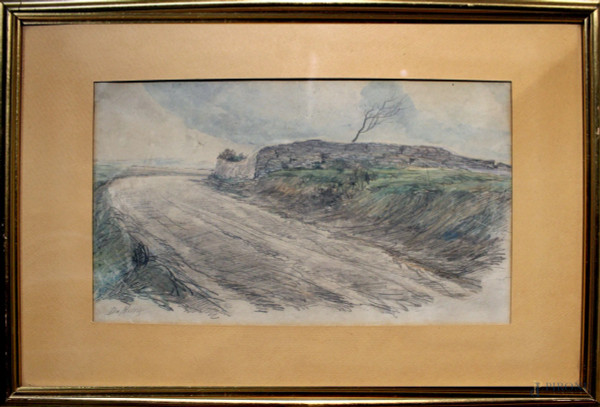 Paesaggio con strada, tecnica mista su carta firmato, cm 17 x 30, entro cornice.