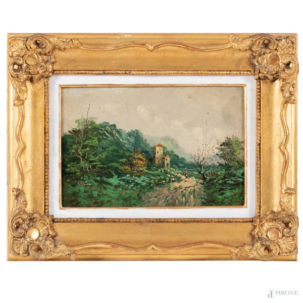 Paesaggio con figura, XX secolo, olio su faesite, cm 20,5x30, firmato in basso a sinistra, entro cornice, (lievi segni di usura)