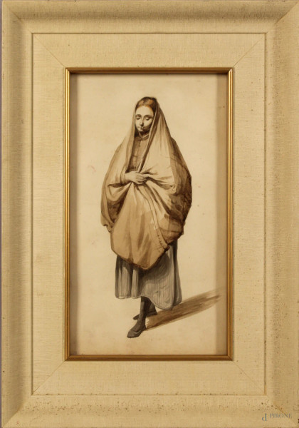 Fanciulla, acquarello su carta, cm. 25x14,5, fine XIX secolo, entro cornice.