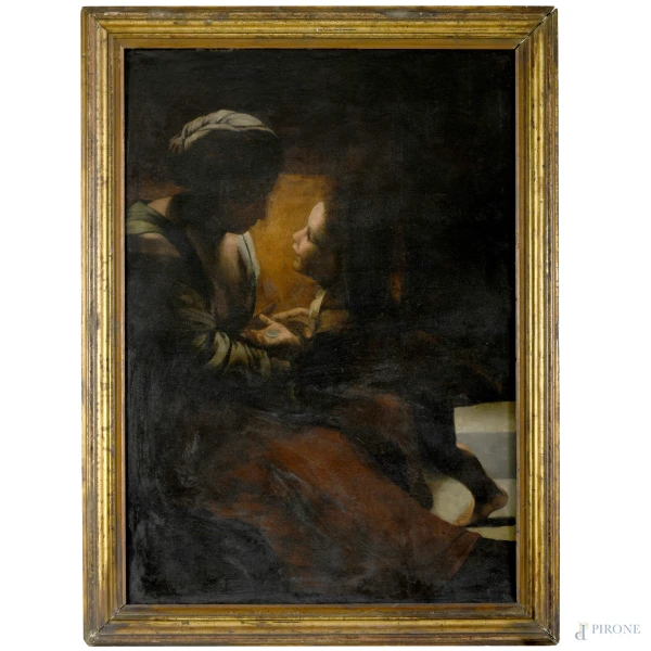 Maternità (da Bartoloems Esteban Murillo) , olio su tela applicata su masonite, XX secolo, cm 117x84