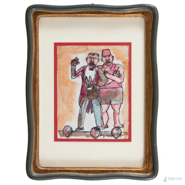 Circo, XX secolo, tecnica mista su carta applicata su cartoncino, cm 11x8, firmato in basso a destra, entro cornice