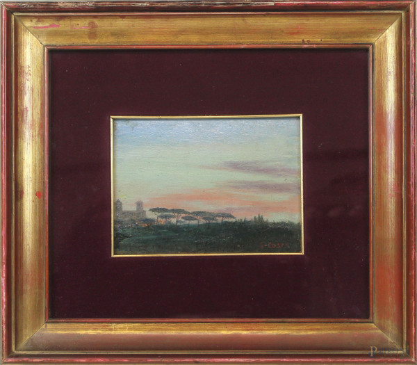 Paesaggio al tramonto, olio su tavola, cm 14x20, firmato, entro cornice.
