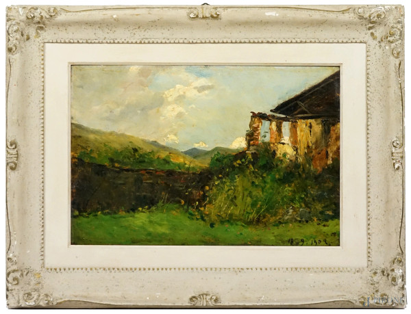 Scuola di Delleani, Pollone - Biella, olio su compensato, cm 26x38, datato in basso a destra, entro cornice.