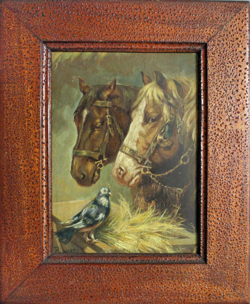 Interno di stalla con cavalli, olio su tavola firmato, cm 17 x 23, entro cornice.