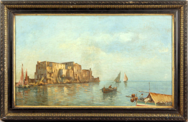 Marina con case e imbarcazioni, olio su cartone telato, cm. 37x63, firmato E. Raimondi, entro cornice.
