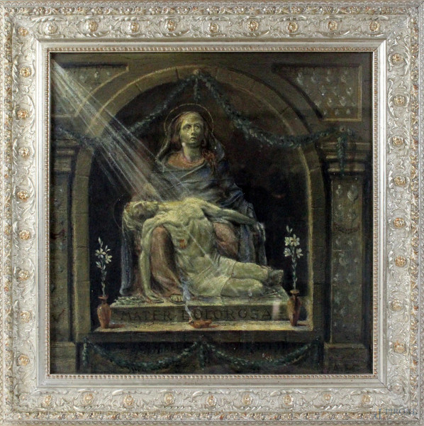 Mater Dolorosa, olio su tavola, cm. 40x40, siglato, XX secolo, entro cornice.