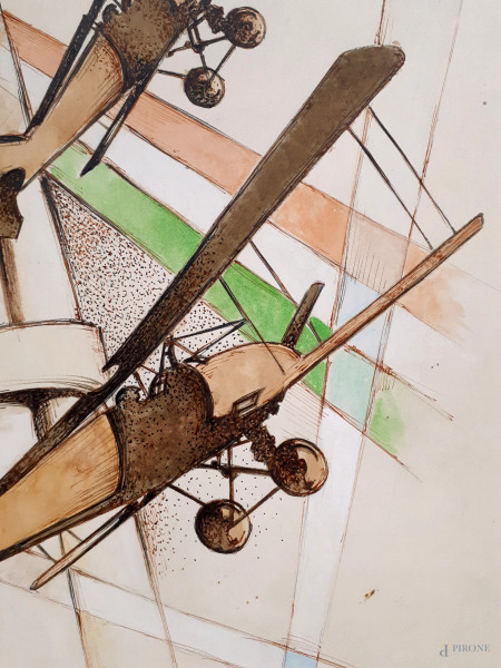 Cosimo Buccari (XX sec.) Aeropittura, tecnica mista su cartone, cm 42x27, firmato “Cosimo Buccari...