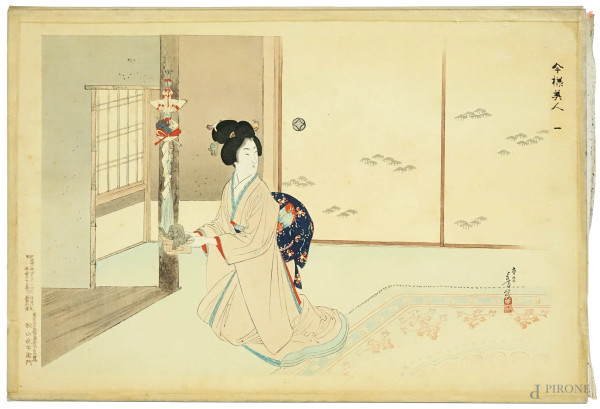 Interno con dama, multiplo a colori recante timbro, cm 24,5x34,5, Giappone, XIX secolo.