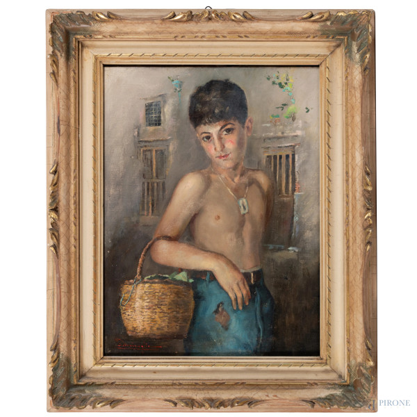 Scugnizzo con cesta, olio su tela, cm 39x30, firmato in basso a sinistra, entro cornice, (graffi, abrasioni)