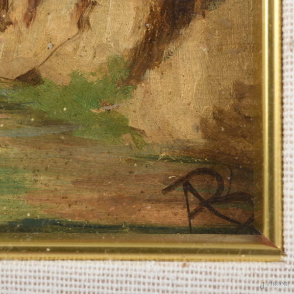 Paesaggio fluviale, XX secolo, olio su cartone, cm 19,5x25,5, siglato in basso a destra, entro co...