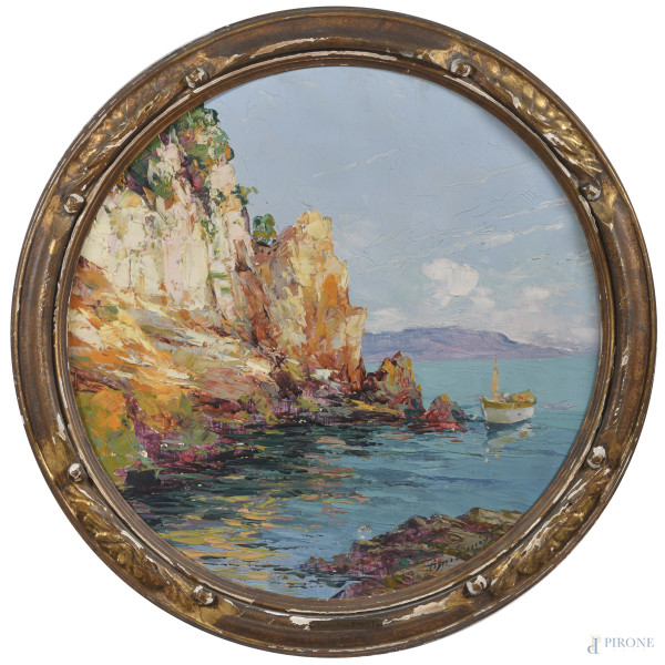 Marina con scogli, XX secolo, olio su tela a serto circolare, diametro cm 46 , firmato in basso a destra, entro cornice, (segni di usura, ondulazioni della tela, cadute di colore, lacerazioni)