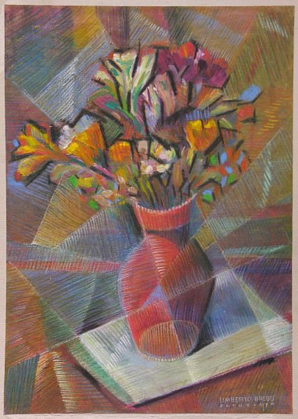 Uberto Baldo (XX sec,), Composizione futurista con vaso di fiori, tecnica mista su tela applicata su tavola 32x46 cm, firmato.