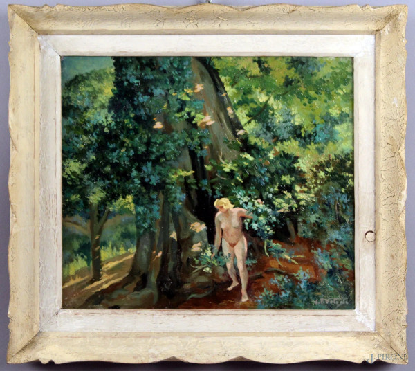 Anton Pietro Valente - Estate nel bosco, olio su tavola, cm 34x40, entro cornice.