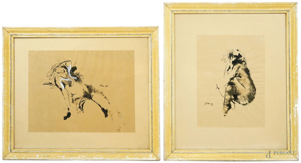 Figure, coppia di tecniche miste su carta, cm 29x40,5, firmati, entro cornici.