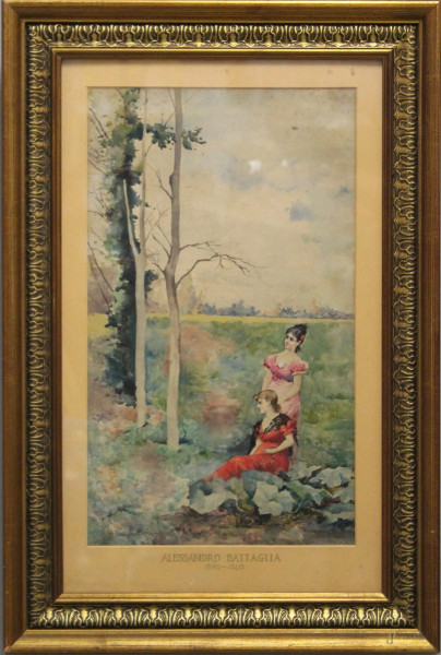 Paesaggio con fanciulle, acquarello su carta, cm. 46x26,5, recante firma A. Battaglia, entro cornice.