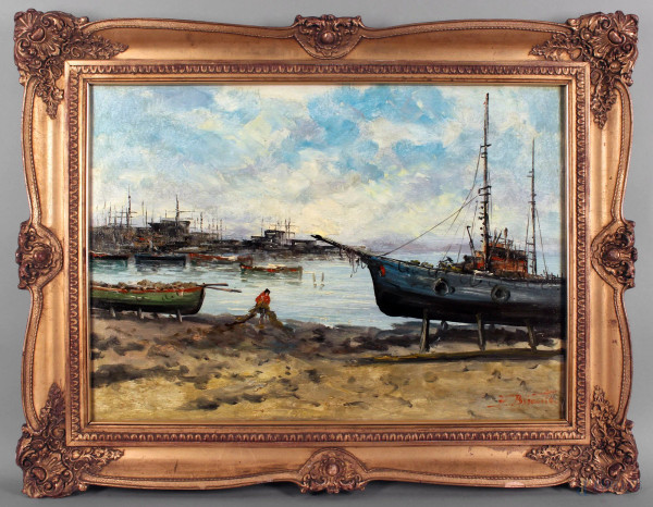 Scorcio di costa con imbarcazioni e figura, olio su cartone, cm. 48x70, firmato, entro cornice.