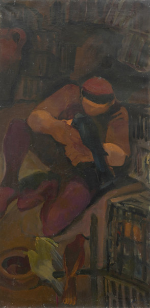 Edoardo Krumm (1916-1993), L'Allevatore, tecnica mista su tela, cm 120x60, firmato al retro