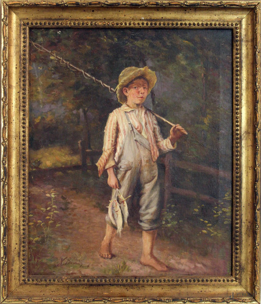 Fanciullo con pesce, olio su tela, cm 44x35, firmato, entro cornice.