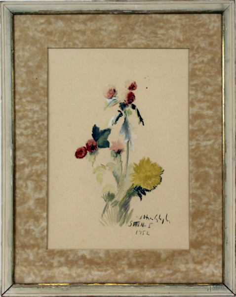 Valentino Ghiglia, Fiori, acquerello su carta, cm 37x26, datato 1952, entro cornice
