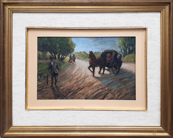 Viale di campagna con viandanti e carrozza, dipinto dei primi del Novecento ad olio su cartone telato, cm 20x30, con cornice