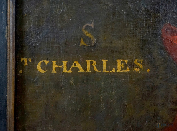 San Carlo Borromeo, XVIII secolo, olio su tela riportata su cartone pressato, cm 113x57, entro co...