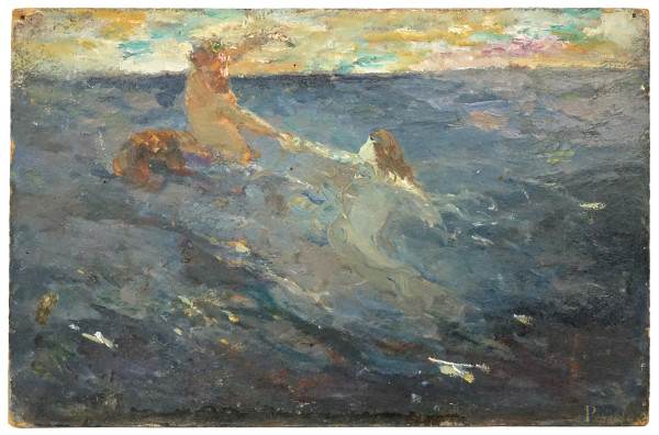 Tritone e sirena, olio su cartone, cm 18x28, firmato a retro, (cadute di colore ai margini)