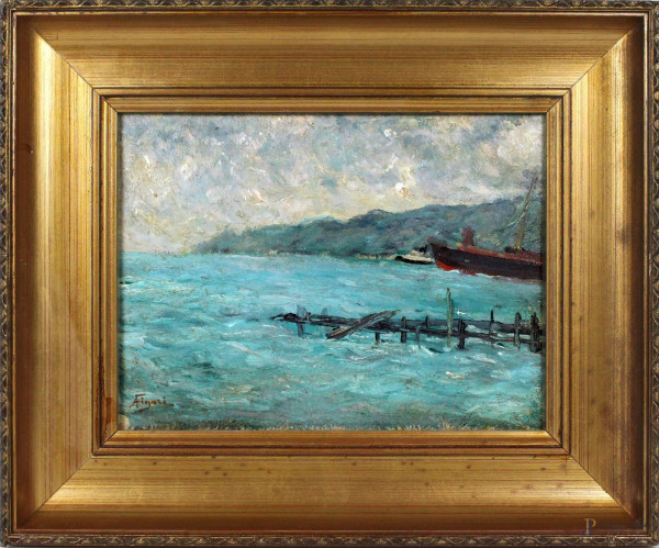 Marina con banchina, olio su cartone telato, cm. 25x35, entro cornice.
