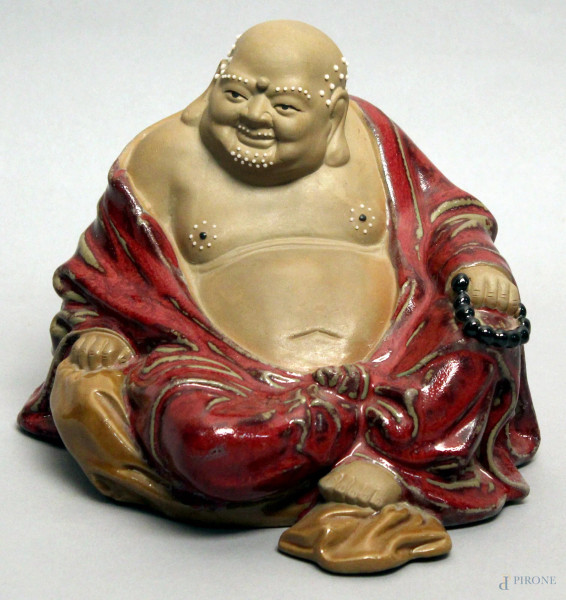 Budda, scultura in maiolica, Arte orientale, H 20 cm.