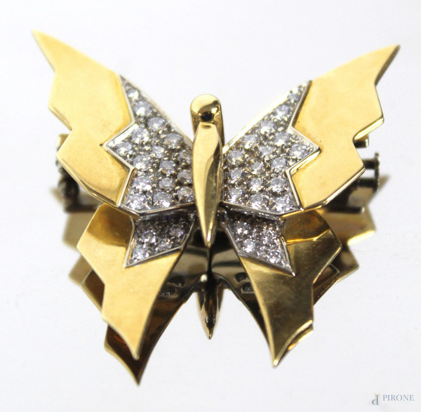 Spilla a farfalla in oro 18 kt con brillantini, manifattura attribuita a Pomellato, gr. 25,3