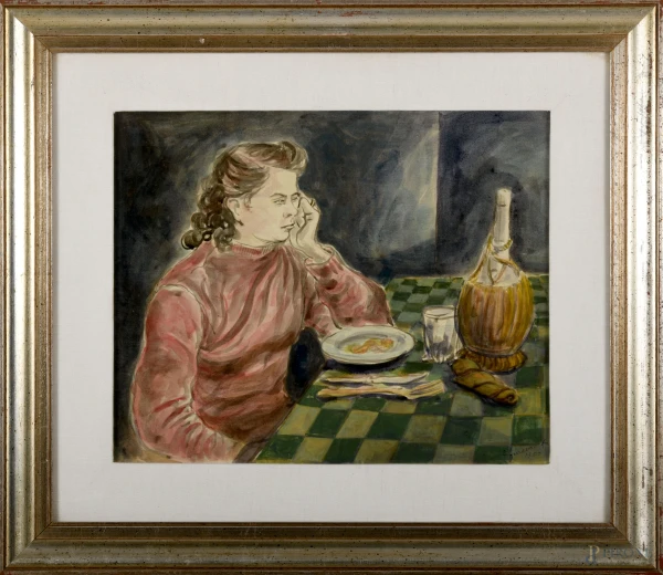 Donna a cena, olio su tela, firmato e datato in basso a destra "E. Fioravanti 1950", cm 34x42,5, entro cornice