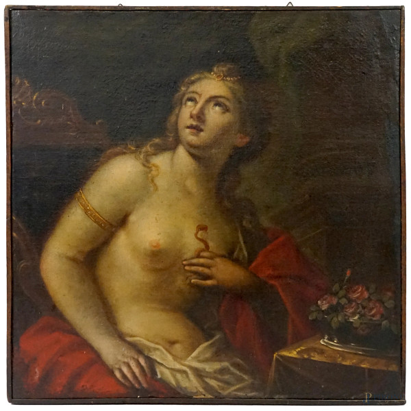 Pittore del XVIII secolo, La morte di Cleopatra, olio su tela, cm  53,5x54, (difetti)
