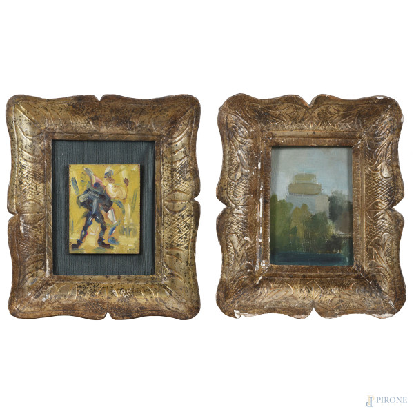 Lotto di due dipinti ad olio  su compensato e olio su tavoletta raffiguranti paesaggio e figura in maschera, XX secolo, misure massime cm 14x9,5, entro cornice, (segni di usura, cadute di colore, abrasioni)