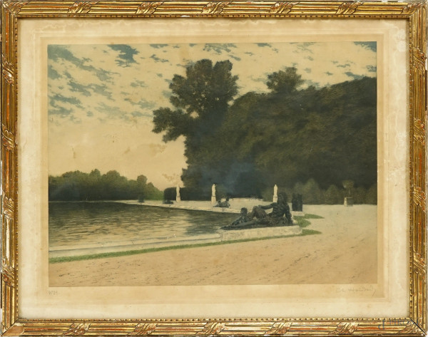 Charles Louise Houdard (1855-1931), Le parterre d'eau Parc de Versailles, acquaforte a colori, cm 55,5x72, iscritta "n.21" in basso a sinistra e firmata in basso a destra, entro cornice