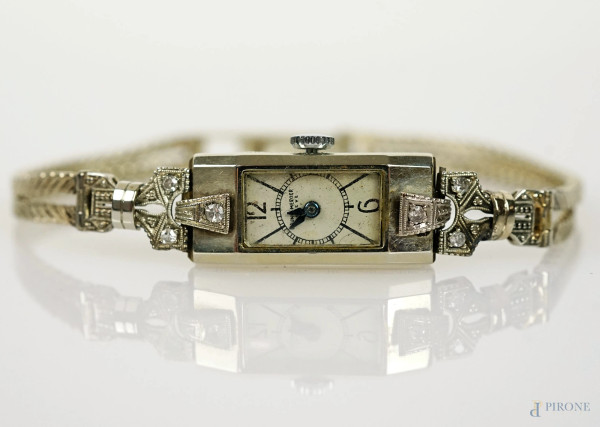 Baume & Mercier Geneve, orologio da polso da donna in oro bianco 18 KT, anni '50-'60, peso lordo gr. 21, (difetti, saldatura, meccanismo da revisionare)
