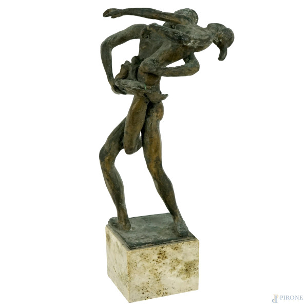 Balletto, scultura in bronzo, cm h 22, firmata e datata Pellegrino '60, base in travertino