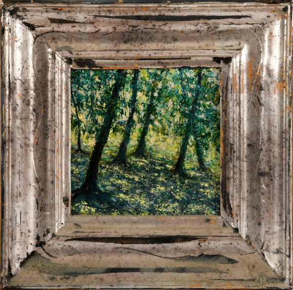 Nel bosco, XX secolo, olio su compensato, cm 17,5x17,5, entro cornice