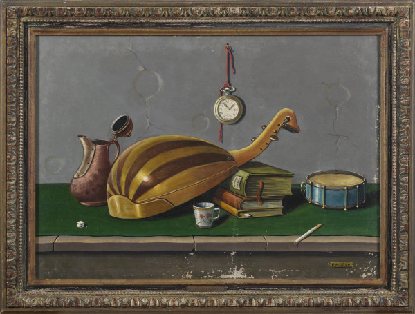 Natura morta con mandolino, XX secolo, acrilico su tela, cm 50x70, firmato in basso a destra, entro cornice, (cadute di colore, difetti)