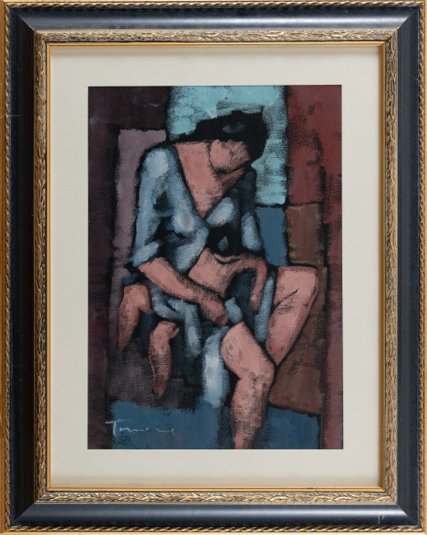 Donna seduta con bambino, XX secolo, olio su cartone telato, cm 58,5x44, firmato, entro cornice