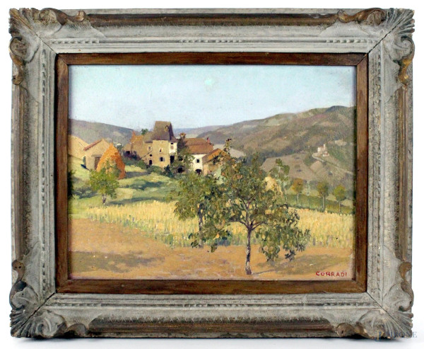 Paesaggio con case, olio su masonite, cm. 35x45, a firma Corradi.