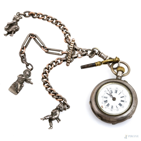 Orologio da tasca in argento con catena Aubert- Geneve , Cylindre 10 Rubis, cm 3, peso lordo gr 50 (da revisionare)